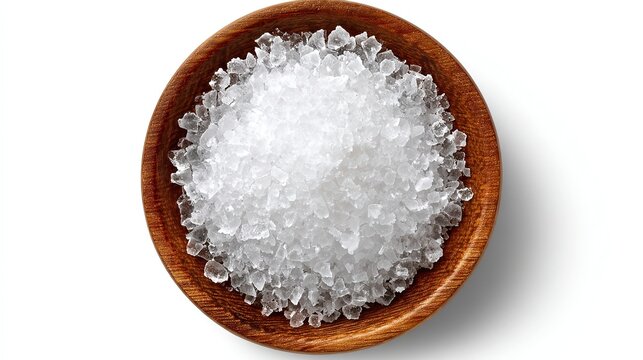 Top-view baking powder in wooden bowl on clean white, zero-shadow hero for recipe blog or e-commerce listing