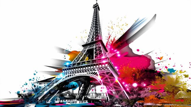 image of the eiffel tower customized in a way that will look good on a tshirt. I want vibrant colors and abstract patterns surrounding the eiffel tower background should be completely white. cut-out s