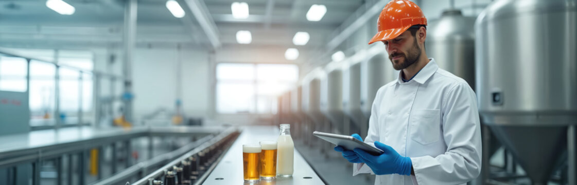 Factory worker in lab coat and hard hat inspects beer or milk production. Man uses tablet to check quality control. Brewery equipment on industrial plant background. - Powered by Adobe