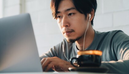 Close-up portrait of a young Asian casual man wearing earphones and looking a laptop screen in a bright and modern interior coffee shop.