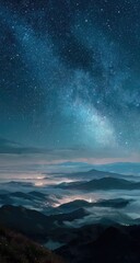 Naklejka premium Night sky, Milky Way, over misty mountains