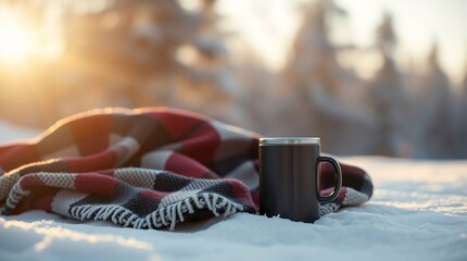 Blanket on snow with thermos and mug for a camp in winter forest