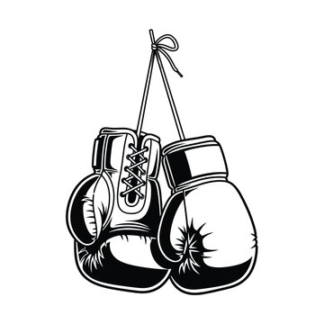 Hanging boxing gloves in classic black and white vector illustration, symbolizing combat sports, fitness, strength, power, competition, training, athletic determination, and fighting spirit.