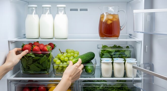 A person's hands organizing fresh fruit, vegetables, and dairy products inside a clean, well-stocked refrigerator.