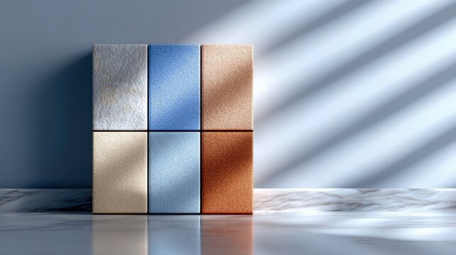 Six textured swatches in various colors are displayed in a 2x3 grid on a reflective marble surface. Diagonal light and shadow patterns are cast on the blue wall