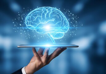 Futuristic holographic digital brain emerging from a tablet, symbolizing artificial intelligence, innovation, machine learning, neural networks, advanced technology, and modern data solutions.