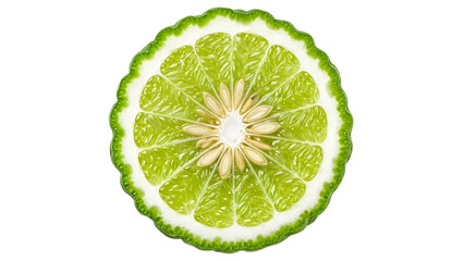 Close-up overhead view of a freshly cut kaffir lime showing its vibrant green flesh, white pith, and seeds.