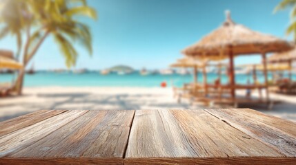 A wooden table is placed in the foreground with a beautiful beach scene in the background. Tropical huts and palm trees are in sight under a clear blue sky creating a serene atmosphere.