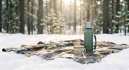 Blanket on snow with thermos and mug for a camp in winter forest