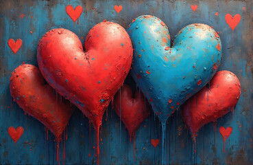 Illustration of hearts on a blue background. Red and blue hearts overlap creating a romantic feel. Artistic wall art perfect for Valentine Day or love themed concepts.