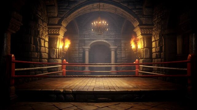 Epic underground boxing ring set within a medieval castle hall with glowing torches and a chandelier