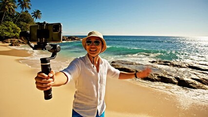 A happy Asian man enthusiastically vlogs his tropical beach vacation, waving and talking to his smartphone camera mounted on a gimbal by the ocean.
