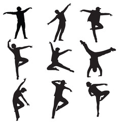 Silhouetted figures in various dancing poses, capturing movement and vitality