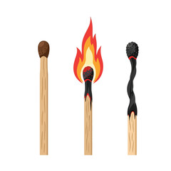 Evolution of matches: illustration of an unused match, a match actively burning with a vibrant flame, and a completely burnt-out, charred match, symbolizing the stages of ignition, fire, and heat.