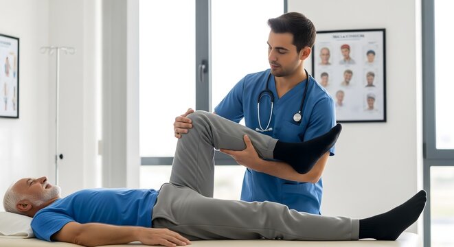 Physiotherapist assisting an elderly patient with leg exercises on a treatment table, representing rehabilitation therapy, joint mobility improvement, physical recovery, medical support