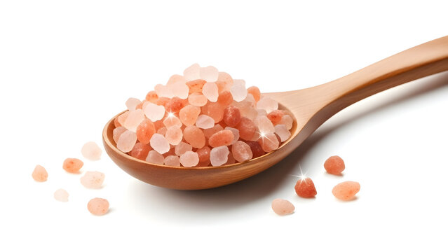 Wooden spoon filled with pink Himalayan salt crystals on a white background.