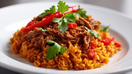 Fototapeta premium Spicy Pulled Meat and Rice Dish Garnished With Cilantro and Red Chili Peppers