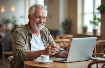 Elderly man smiles using laptop in cafe with coffee cup. He holds eyeglasses while working or relaxing. Mature person enjoys modern tech indoors. He looks happy and content.