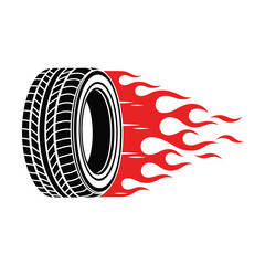 Speeding automotive tire with dynamic red flames trailing behind, symbolizing powerful acceleration, high performance, and rapid movement in racing and vehicle design.