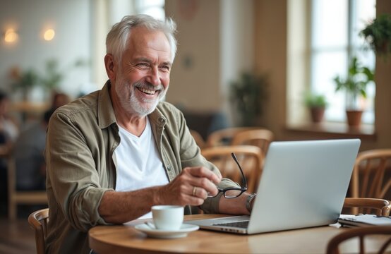 Elderly man smiles using laptop in cafe with coffee cup. He holds eyeglasses while working or relaxing. Mature person enjoys modern tech indoors. He looks happy and content.