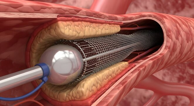 3D medical illustration of coronary angioplasty showing balloon catheter and stent expansion inside a narrowed artery, representing cardiovascular treatment, plaque removal, blood flow restoration