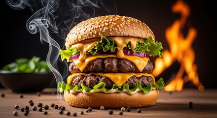 Steaming hot double patty cheeseburger with crisp lettuce, vibrant red onion, melted golden cheese sauce, and toasted sesame bun, a true delight.