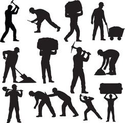 Dynamic silhouettes showcasing various manual labor tasks, representing the essence of hard work, construction, and blue-collar efforts in diverse working environments