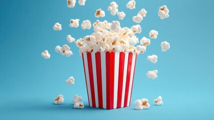 Warm popcorn bursts out of a classic striped container cascading against a vibrant blue backdrop. This scene captures the joy of movie snacks.