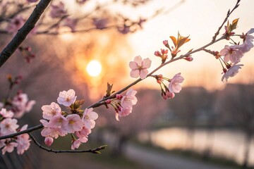 Cherry blossoms in Spring with soft pastel sky bokeh behind for copy space