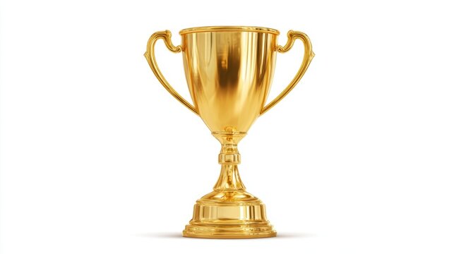 A shiny golden trophy with elegant handles sits on a plain surface symbolizing victory and recognition for outstanding performance during a competition or award ceremony.