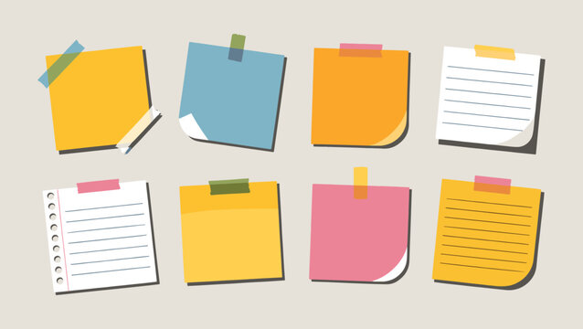 Colorful Sticky Notes and Lined Paper Vector Set - Digital Memo Pad Elements