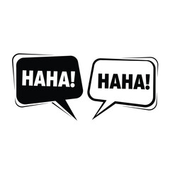 Graphic vector of two contrasting speech bubbles, one black and one white, with bold uppercase 'haha!' text, symbolizing laughter, humor, and joy for modern creative graphic design.