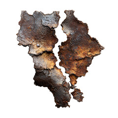 Cracked rusty metal fragment isolated on transparent background