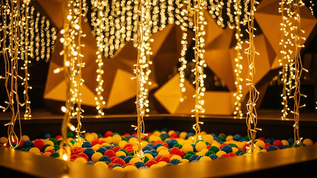 Golden string lights cascade over a colorful ball pit with geometric background yellow bokeh