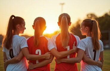 Four teenage girls in sports uniforms stand arm in arm on a grassy field at sunset. They look at each other smiling, showing unity and friendship. The golden light bathes them in a warm glow.
