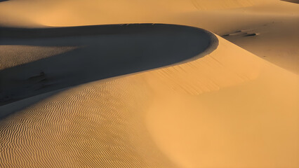 Golden sunlight illuminates rolling sand dunes creating a peaceful and serene desert landscape at dawn. isolated on white background