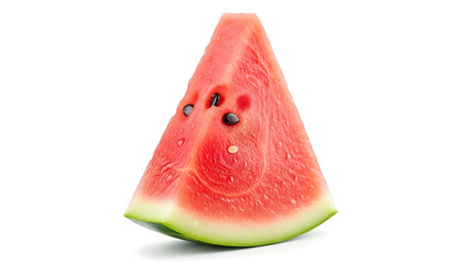 A vibrant, juicy slice of red watermelon with black seeds and a green rind, isolated on a white background.