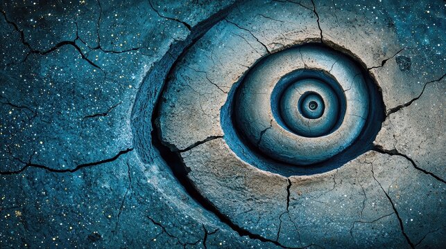 A close-up of a spiral formation emerging from a cracked surface, with a starry background, creating a surreal and abstract composition.