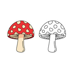 Amanita muscaria mushroom illustration: one colored with a red cap and white spots, the other a black outline. perfect for children's books, nature designs, or educational content.
