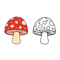 Colorful cartoon mushroom and its outline drawing isolated on white background, perfect for kids coloring books, nature themes, or whimsical designs. educational illustration.