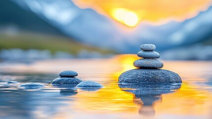 A stack of balanced stones in calm water reflecting a vibrant sunset. The scene evokes peace and tranquility.