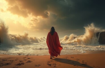 Man in red robe walks on beach toward turbulent ocean waves under dramatic sky. This biblical scene evokes journey faith and divine intervention. Powerful nature and spiritual quest.