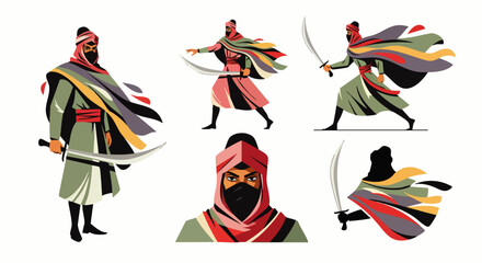 Stylized illustrations depict Middle Eastern warriors in various action poses, showcasing traditional attire and weaponry against a clean white backdrop.