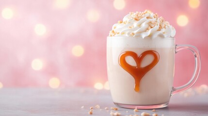 A delightful caramel latte with whipped cream and a heartshaped caramel drizzle against a soft pink bokeh background, perfect for valentines day