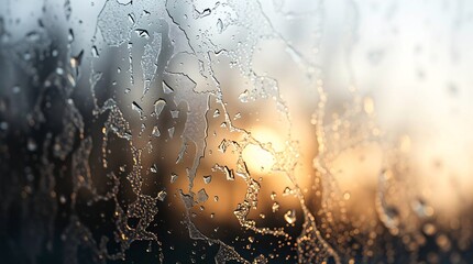 Condensation frost patterns on a window golden sunlight