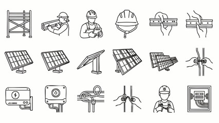 Illustrated construction and solar energy icons depict various aspects of building, electrical work, and renewable power generation in a clean, modern style.