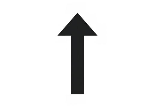 Black arrow pointing up, indicating direction, growth, motion, way forward, or upload icon with transparent background