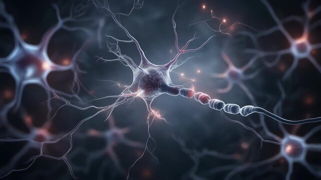 Detailed close-up of a neuron cell structure with synapses in a scientific illustration