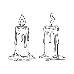 Outline illustration of two candles, one burning with a glowing flame and the other recently extinguished with wisps of smoke, showing melting wax drips, isolated line art vector.