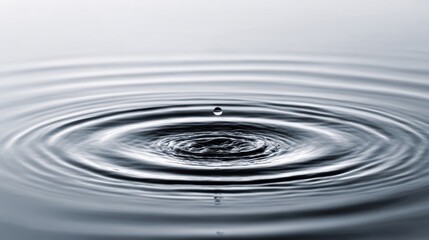 A water droplet falls onto a smooth surface sending out concentric ripples. The calm water reflects soft light from the rising sun creating a peaceful atmosphere.